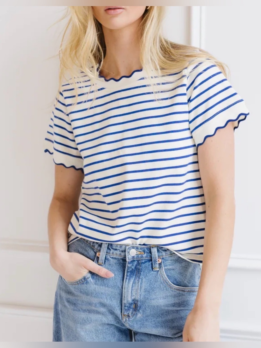 Striped Blue and White Scallop-Edge Tee